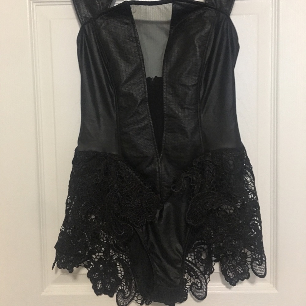 Black faux leather leotard